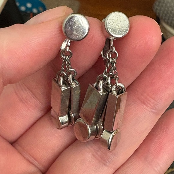 VOGUE Signed Geometric Silver-Tone Clip-On Dangle Earrings  Mid-Century Mod Vibe - Picture 3 of 7